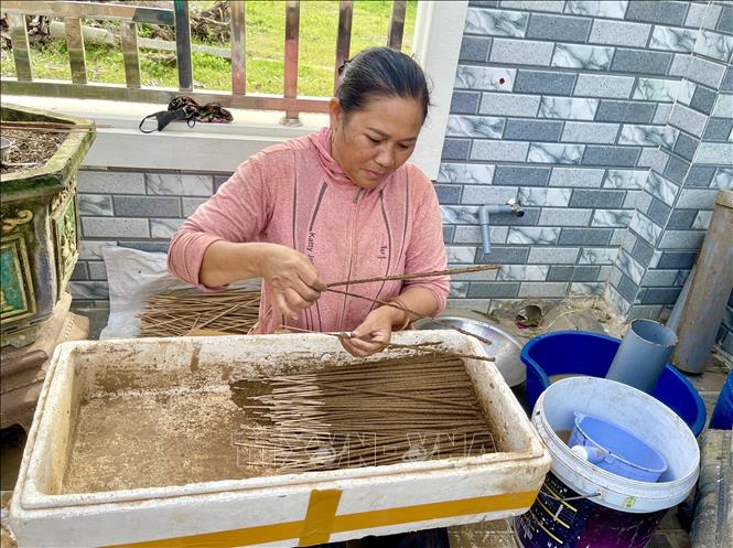 Theo người dân địa phương, công đoạn khó nhất là khâu nhúng hồ, rắc bột và lắc hương bởi người làm phải đều tay để cây hương tròn đẹp, không hở kẽ, khi đốt cháy đều và không tắt giữa chừng. Ảnh: Võ Dung - TTXVN