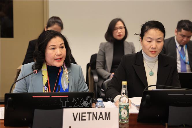 Thứ trưởng Bộ Nội vụ Nguyễn Thị Hà bảo vệ Báo cáo quốc gia lần thứ 9 về thực thi CEDAW. Ảnh: Phạm Ngọc Ánh - Phóng viên TTXVN tại Thụy Sĩ 