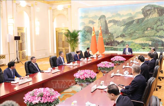 Tổng Bí thư, Chủ tịch Trung Quốc Tập Cận Bình tiếp Bộ trưởng Bộ Ngoại giao Lê Hoài Trung, Đặc phái viên của Tổng Bí thư Tô Lâm và đoàn công tác. Ảnh: Công Tuyên-PV TTXVN tại Trung Quốc