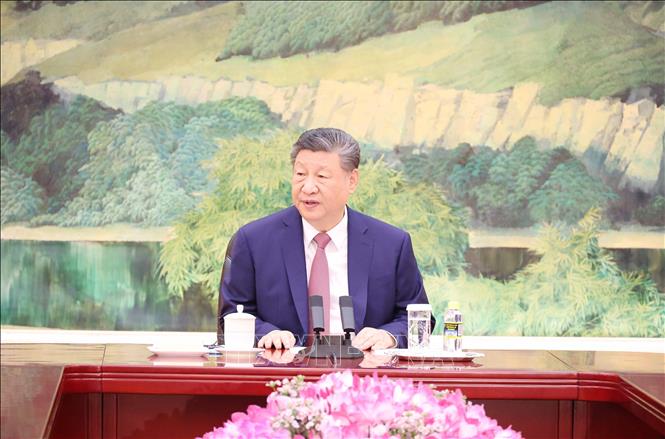 Tổng Bí thư, Chủ tịch Trung Quốc Tập Cận Bình phát biểu tại buổi tiếp. Ảnh: Công Tuyên-PV TTXVN tại Trung Quốc