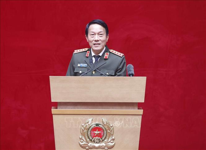 Đại tướng Lương Tam Quang, Ủy viên Bộ Chính trị, Bí thư Đảng ủy Công an Trung ương, Bộ trưởng Bộ Công an phát biểu. Ảnh: Thống Nhất – TTXVN