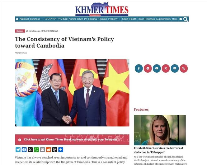 Báo “Khmer Times” (ảnh chụp màn hình) ngày 4/2/2026 đăng tải bài viết với tiêu đề “Tính nhất quán trong chính sách của Việt Nam đối với Campuchia”. Ảnh: TTXVN phát.