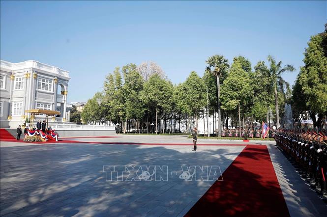 Lễ đón Tổng Bí thư Tô Lâm thăm cấp Nhà nước tới CHDCND Lào. Ảnh: Thống Nhất - TTXVN
