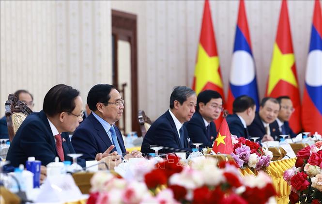  Thủ tướng Phạm Minh Chính phát biểu tại cuộc gặp Thủ tướng Lào Sonexay Siphandone. Ảnh: Dương Giang-TTXVN
