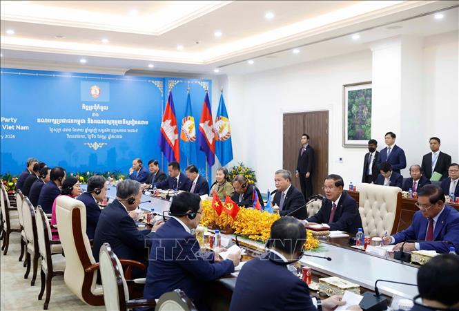 Tổng Bí thư Tô Lâm và Chủ tịch Đảng Nhân dân Campuchia Hun Sen đồng chủ trì Hội đàm song phương giữa Đảng Cộng sản Việt Nam và Đảng Nhân dân Campuchia. Ảnh: Thống Nhất – TTXVN