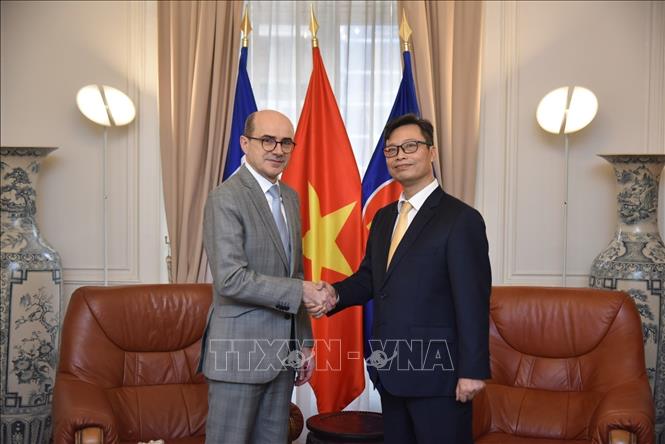 Đại sứ đặc mệnh toàn quyền Việt Nam tại Cộng hòa Pháp Trịnh Đức Hải tiếp ông Mathieu Carmona, Phó Cục trưởng Cục Lễ tân, Bộ châu Âu và Ngoại giao Pháp. Ảnh: TTXVN phát