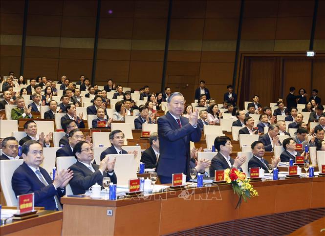 Tổng Bí thư Tô Lâm cùng các đồng chí lãnh đạo, nguyên lãnh đạo Đảng, Nhà nước dự Hội nghị. Ảnh: Thống Nhất – TTXVN

