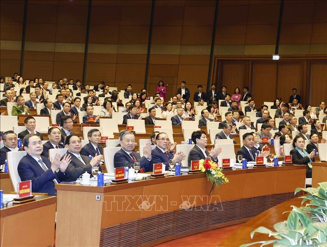 Tổng Bí thư Tô Lâm cùng các đồng chí lãnh đạo, nguyên lãnh đạo Đảng, Nhà nước dự Hội nghị. Ảnh: Thống Nhất – TTXVN

