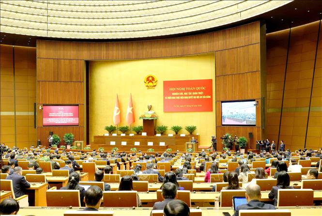 Hội nghị toàn quốc nghiên cứu, học tập, quán triệt và triển khai thực hiện Nghị quyết Đại hội XIV của Đảng tại điểm cầu chính Hội trường Diên Hồng, Nhà Quốc hội. Ảnh: Phương Hoa - TTXVN