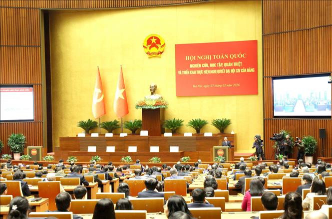 Hội nghị toàn quốc nghiên cứu, học tập, quán triệt và triển khai thực hiện Nghị quyết Đại hội XIV của Đảng tại điểm cầu chính Hội trường Diên Hồng, Nhà Quốc hội. Ảnh: Phương Hoa - TTXVN