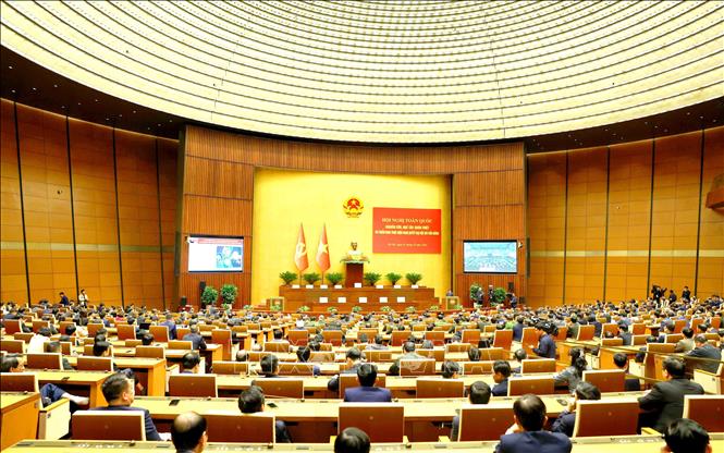 Quang cảnh hội nghị tại điểm cầu chính Hội trường Diên Hồng, Nhà Quốc hội. Ảnh: Phương Hoa - TTXVN