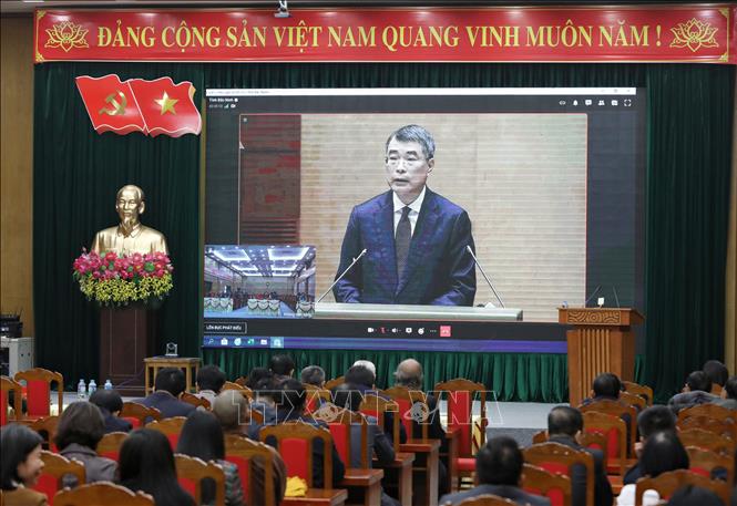 Các đại biểu dự trực tuyến tại điểm cầu Ủy ban Mặt trận Tổ quốc Việt Nam tỉnh Bắc Ninh. Ảnh: Danh Lam -TTXVN 