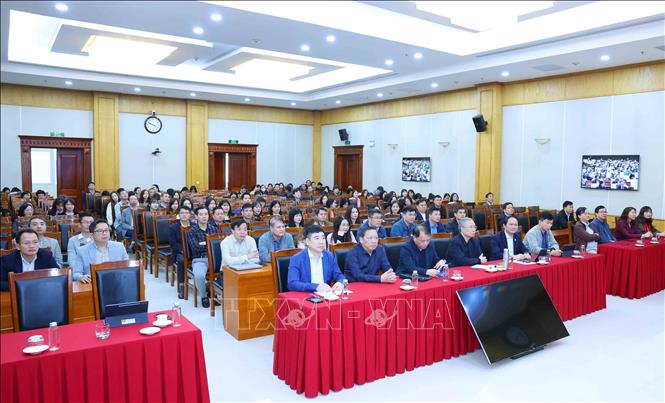 Các đại biểu dự hội nghị trực tuyến tại điểm cầu Văn phòng Trung ương Đảng. Ảnh: Phương Hoa - TTXVN