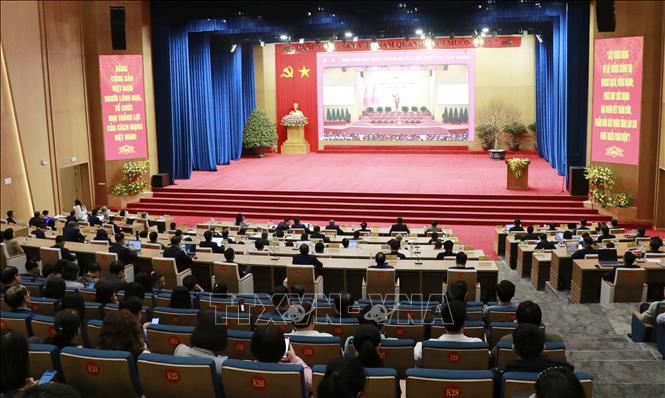 Quang cảnh Hội nghị toàn quốc nghiên cứu, học tập, quán triệt và triển khai thực hiện nghị quyết Đại hội XIV của Đảng được triển khai tại điểm cầu tỉnh Lào Cai. Ảnh: Đinh Thùy - TTXVN