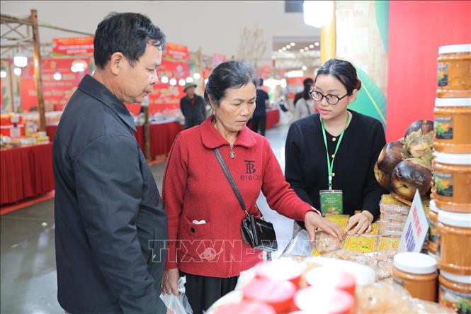 Các sản phẩm nông nghiệp an toàn được người tiêu dùng quan tâm tại Hội chợ. Ảnh: Lê Đông - TTXVN