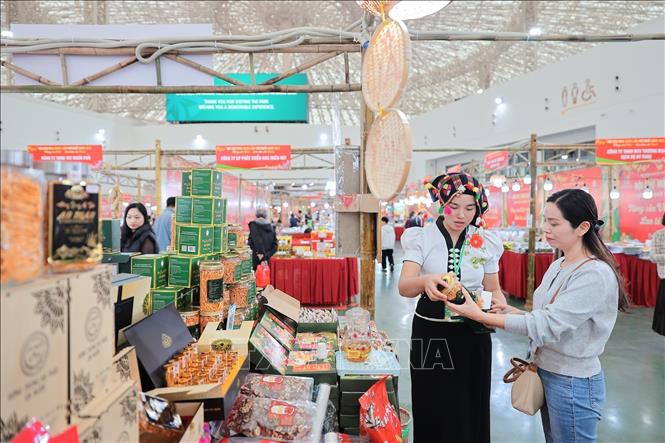 Khách tham quan tìm hiểu sản phẩm OCOP và quà Tết tại hội chợ. Ảnh : Lê Đông - TTXVN