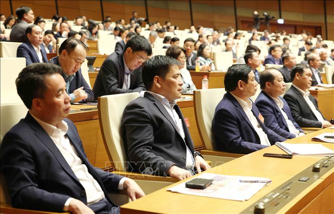 Đại biểu tham dự hội nghị tại điểm cầu chính Hội trường Diên Hồng, Nhà Quốc hội, chiều 7/2. Ảnh: Phương Hoa - TTXVN