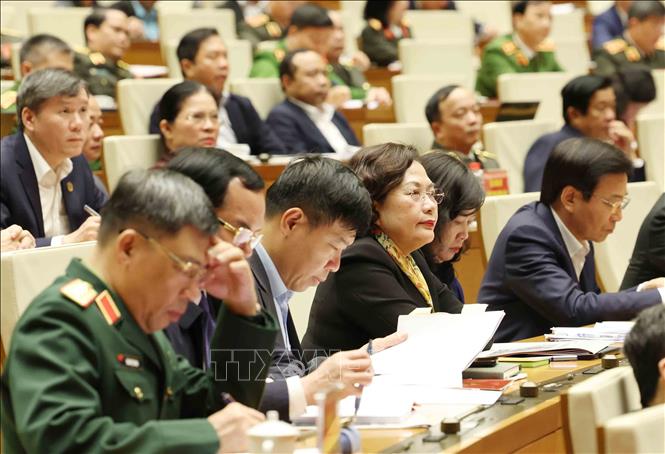 Đại biểu tham dự hội nghị tại điểm cầu chính Hội trường Diên Hồng, Nhà Quốc hội, chiều 7/2. Ảnh: Phương Hoa - TTXVN