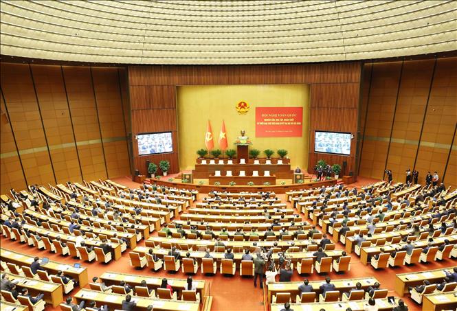 Quang cảnh hội nghị tại điểm cầu chính Hội trường Diên Hồng, Nhà Quốc hội, chiều 7/2. Ảnh: Phương Hoa - TTXVN