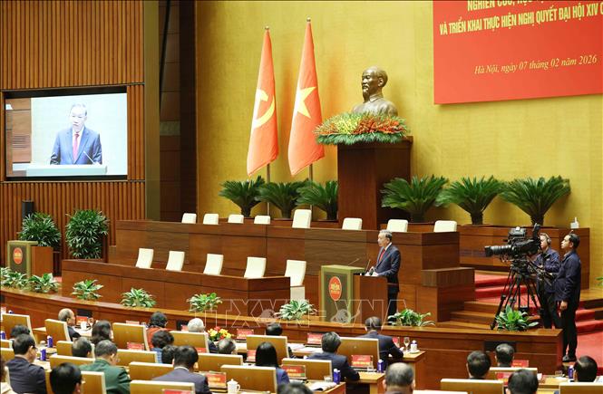 Quang cảnh hội nghị tại điểm cầu chính Hội trường Diên Hồng, Nhà Quốc hội, chiều 7/2. Ảnh: Phương Hoa - TTXVN