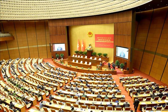 Quang cảnh hội nghị tại điểm cầu chính Hội trường Diên Hồng, Nhà Quốc hội, chiều 7/2. Ảnh: Phương Hoa - TTXVN