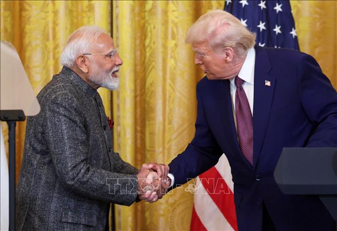 (Tư liệu) Thủ tướng Ấn Độ Narendra Modi và Tổng thống Mỹ Donald Trump tại cuộc họp báo chung ở Nhà Trắng, Washington, DC, Mỹ, ngày 13/2/2025. Ảnh: ANI/TTXVN