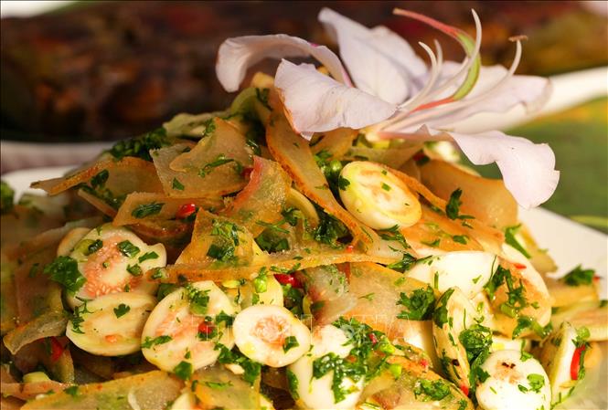 Nộm bì trâu với cà, món ăn dân dã, dễ làm, được đông đảo du khách ưa thích. Ảnh: Trung Kiên - TTXVN