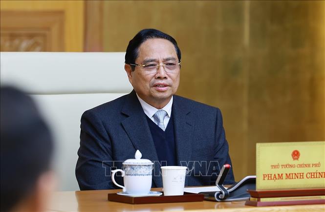 Thủ tướng Phạm Minh Chính phát biểu tại buổi tiếp Đại sứ Trung Quốc tại Việt Nam Hà Vĩ. Ảnh: Dương Giang-TTXVN 