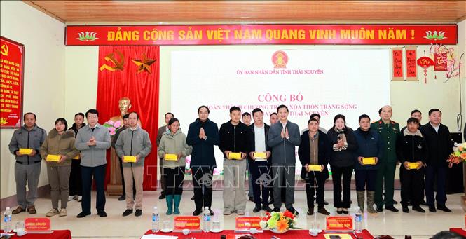 Lãnh đạo tỉnh trao tặng điện thoại thông minh cho đại diện một số thôn, xóm thuộc các khu vực lõm sóng, trắng sóng của 9 xã khu vực phía Bắc tỉnh. Ảnh: Thu Hằng-TTXVN