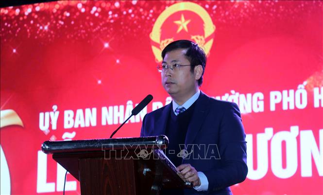 Chủ tịch UBND phường Phố Hiến Phạm Quốc Hoàn phát biểu tại buổi lễ. Ảnh: Nguyễn Công Hải - TTXVN
