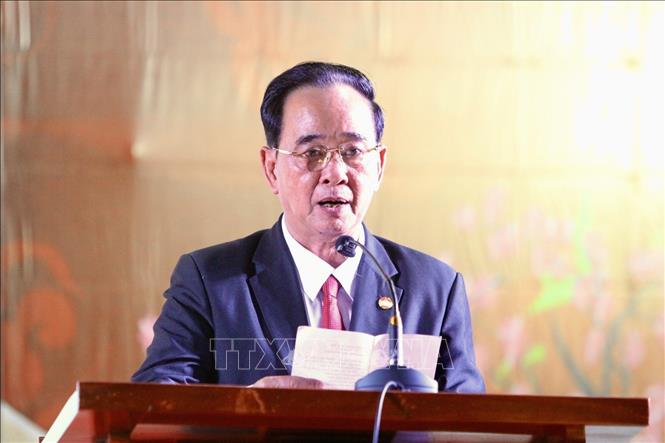 Ông Sim Chy, Chủ tịch Hội Khmer-Việt Nam tại Campuchia phát biểu tại chương trình. Ảnh: Quang Anh – PV TTXVN tại Campuchia. 