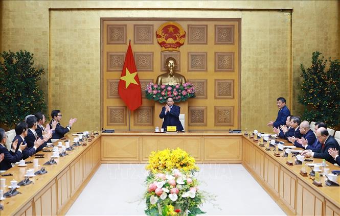 Thủ tướng Phạm Minh Chính tiếp Đoàn các tổ chức, doanh nghiệp của Nhật Bản. Ảnh: Dương Giang-TTXVN 
