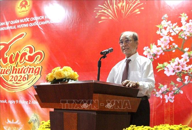 Ông Trần Văn Năm, Chủ tịch Hội Khmer - Việt Nam tại Campuchia chi nhánh tỉnh Preah Sihanouk phát biểu tại chương trình. Ảnh: Quang Anh – PV TTXVN tại Campuchia 