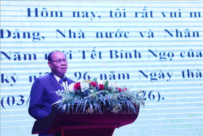 Đại tướng Vilay Lakhamphong, Ủy viên Bộ Chính trị, Thường trực Ban Bí thư, Phó Thủ tướng Chính phủ  Lào, phát biểu tại sự kiện. Ảnh: Xuân Tú - PV TTXVN tại Lào