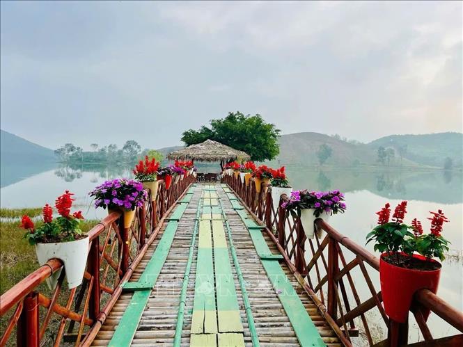 Khu du lịch sinh thái Hòn Mát, xã Nghĩa Lộc (Nghệ An) được trang trí bằng các thảm hoa rực rỡ và lần đầu tiên ra mắt trò chơi “Ném còn đầu Xuân” để phục vụ du khách. Ảnh: TTXVN phát