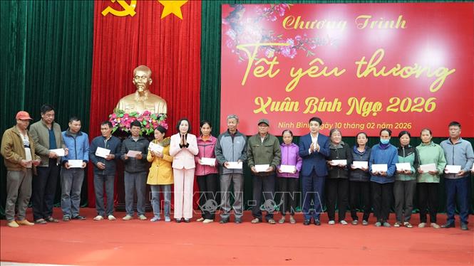 Phó Chủ tịch Quốc hội Nguyễn Thị Thanh trao quà Tết tặng các hộ thuộc đối tượng bảo trợ xã hội, hộ có hoàn cảnh khó khăn trên địa bàn phường Nam Hoa Lư. Ảnh: Đức Phương - TTXVN