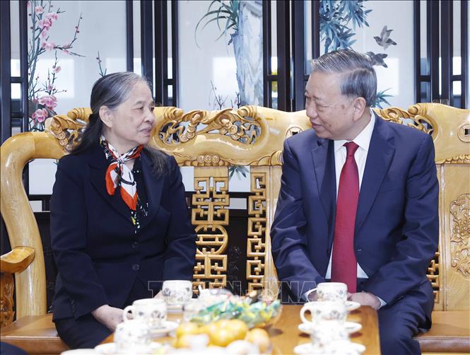 Tổng Bí thư Tô Lâm thăm hỏi Phu nhân Tổng Bí thư Nguyễn Phú Trọng. Ảnh: Thống Nhất - TTXVN