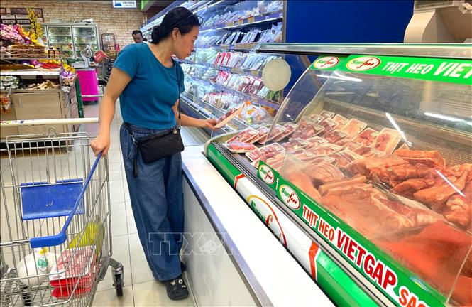 Người dân ưu tiên lựa chọn thịt lợn có nguồn gốc xuất xứ trong siêu thị tại TP. Hồ Chí Minh. Ảnh: Hương Giang - TTXVN