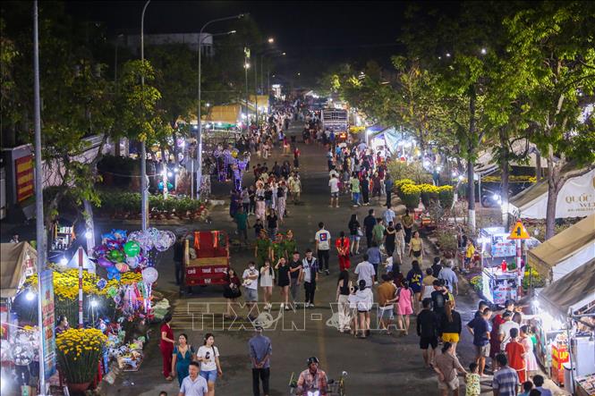 Người dân nô nức tham quan, mua sắm tại chợ hoa Xuân những ngày giáp Tết. Ảnh: Giang Phương - TTXVN