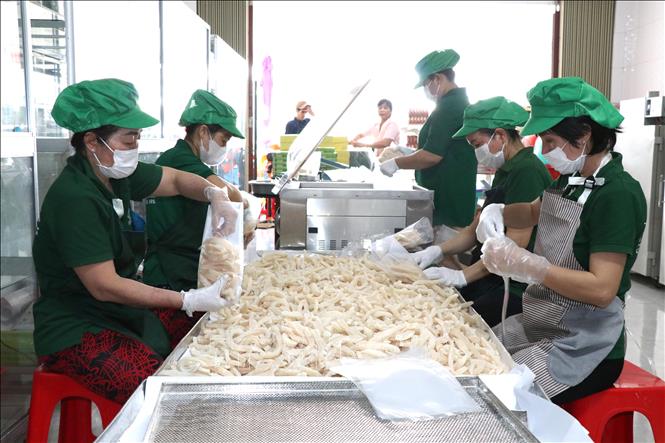 Người lao động làm việc tại cơ sở mứt dừa sáp Cẩm Hằng, xã Cầu Kè. Ảnh: Thanh Hòa - TTXVN