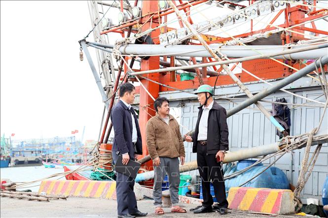 Cán bộ UBND xã Bắc Trạch (Quảng Trị) xuống các cảng cá tuyên truyền cho ngư dân về bầu cử đại biểu Quốc hội khóa XVI và đại biểu HĐND các cấp nhiệm kỳ 2026 - 2031. Ảnh: Tá Chuyên - TTXVN