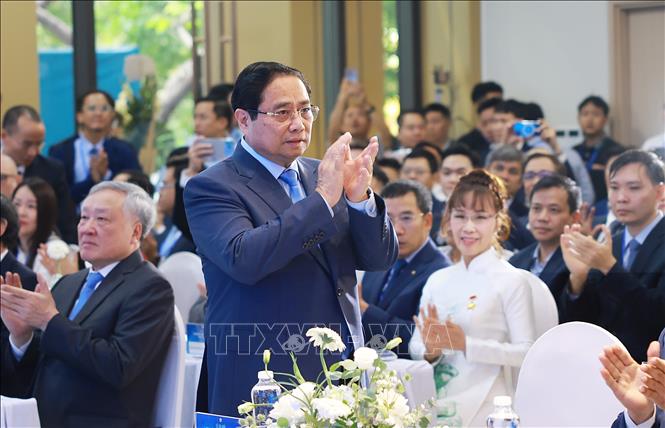 Thủ tướng Phạm Minh Chính dự Lễ ra mắt Trung tâm Tài chính quốc tế Việt Nam tại Thành phố Hồ Chí Minh. Ảnh: Dương Giang-TTXVN
