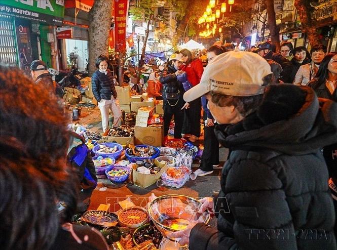 Chợ hoa truyền thống Hàng Lược khi lên đèn (2025). Ảnh: Khánh Hoà - TTXVN