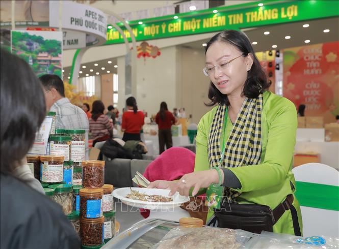 Gian hàng tỉnh An Giang mang đến hội chợ nhiều sản phẩm đặc trưng của địa phương, đồng thời triển khai nhiều chương trình khuyến mãi nhằm kích cầu tiêu dùng. Ảnh: Phan Phương – TTXVN