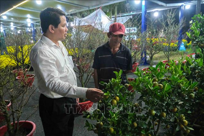 Giám đốc Sở Công Thương thành phố Cần Thơ Hà Vũ Sơn thăm hỏi tiểu thương tại chợ hoa Xuân Bính Ngọ. Ảnh: Thanh Liêm - TTXVN