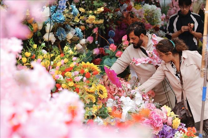 Foreign tourists immerse in the traditional beauty of Hang Luoc flower market pre-Tet. VNA Photo: Minh Quyết