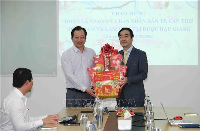 Phó Chủ tịch UBND thành phố Cần Thơ Vương Quốc Nam tặng quà Tết cho đại diện Công ty Cổ phần Dược Hậu Giang. Ảnh: Thanh Liêm - TTXVN