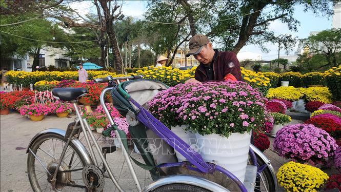 Sau khi được mua, các chậu hoa được vận chuyển đi từ chợ hoa. Ảnh: Võ Văn Dũng - TTXVN