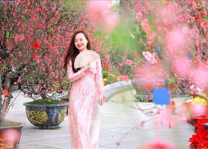 Người dân lưu lại hình ảnh sắc Xuân rực rỡ tại không gian hoa xuân tại Vườn hoa Lý Thái Tổ. Ảnh: Khánh Hoà - TTXVN