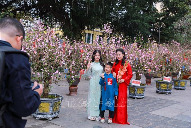 Người dân lưu lại hình ảnh sắc Xuân rực rỡ tại không gian hoa xuân tại Vườn hoa Lý Thái Tổ. Ảnh: Khánh Hoà - TTXVN